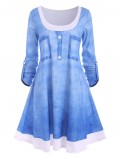 3d Denim Print Roll Up Sleeve Tunic Dress