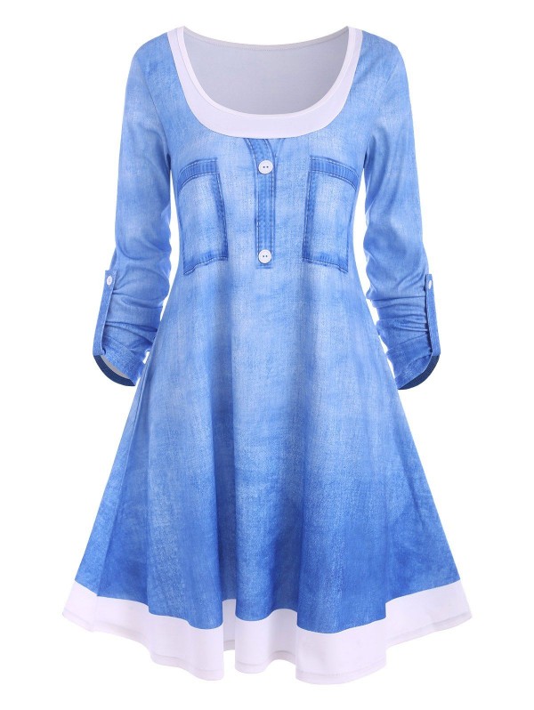 3d Denim Print Roll Up Sleeve Tunic Dress