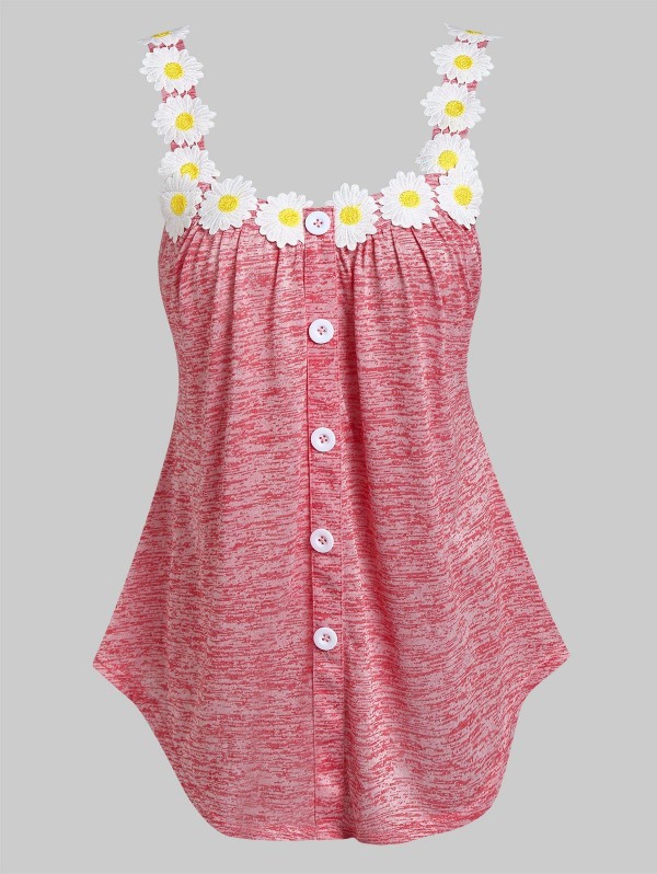 Button Up Floral Applique Tank Top