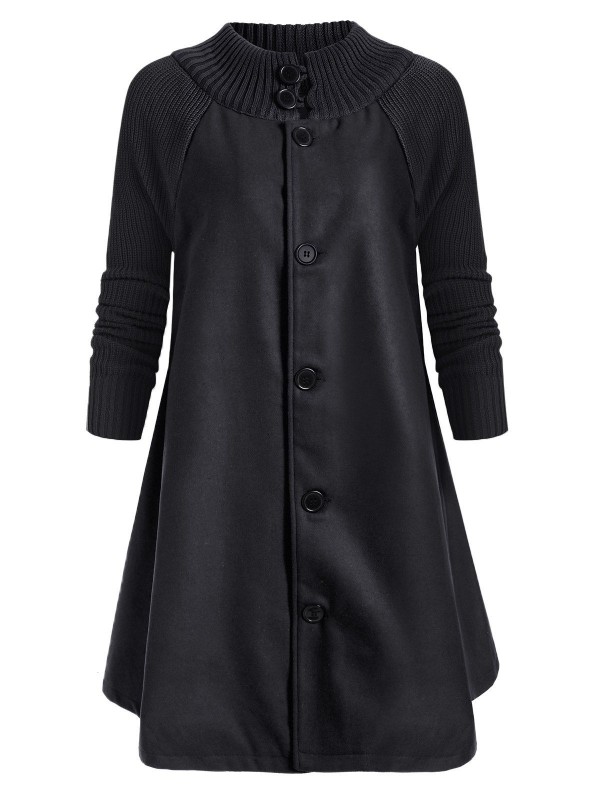 Button Up Stand Neck Knitted Panel Coat