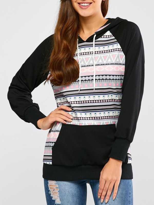 Casual Raglan Sleeve Geometric Pullover Hoodie
