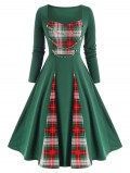 Checked Panel Chains Embellish Long Sleeve Dress