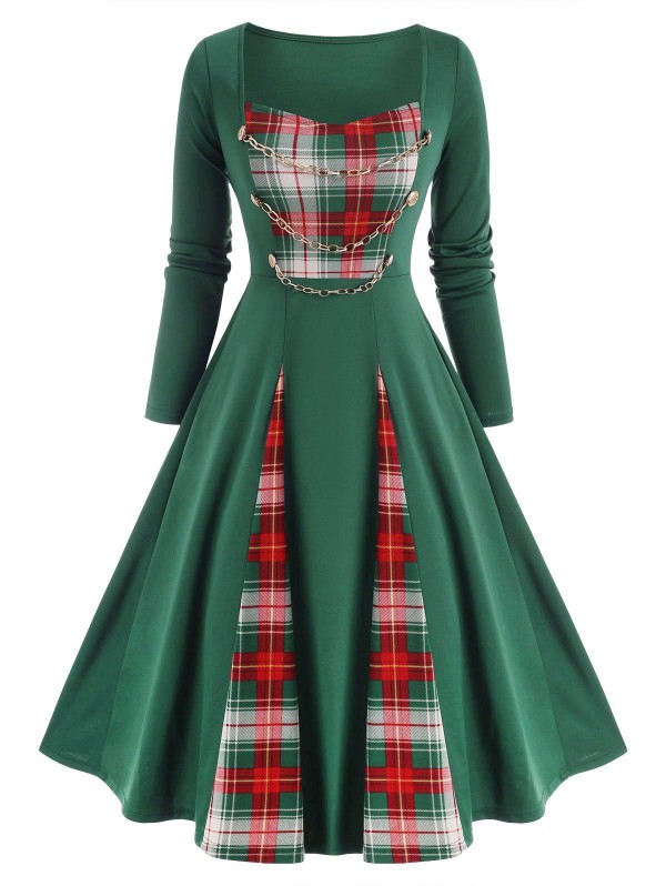 Checked Panel Chains Embellish Long Sleeve Dress