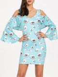 Cold Shoulder Bell Sleeve Eye Print Dress