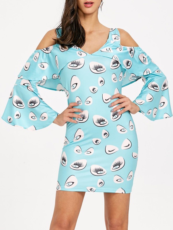 Cold Shoulder Bell Sleeve Eye Print Dress