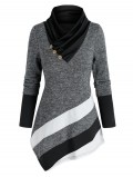 Colorblock Shawl Collar Asymmetric T Shirt