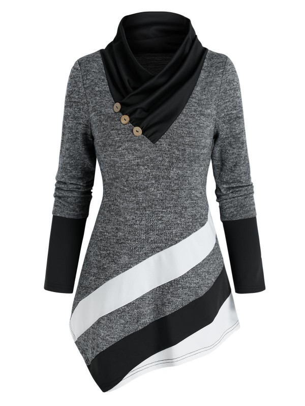 Colorblock Shawl Collar Asymmetric T Shirt