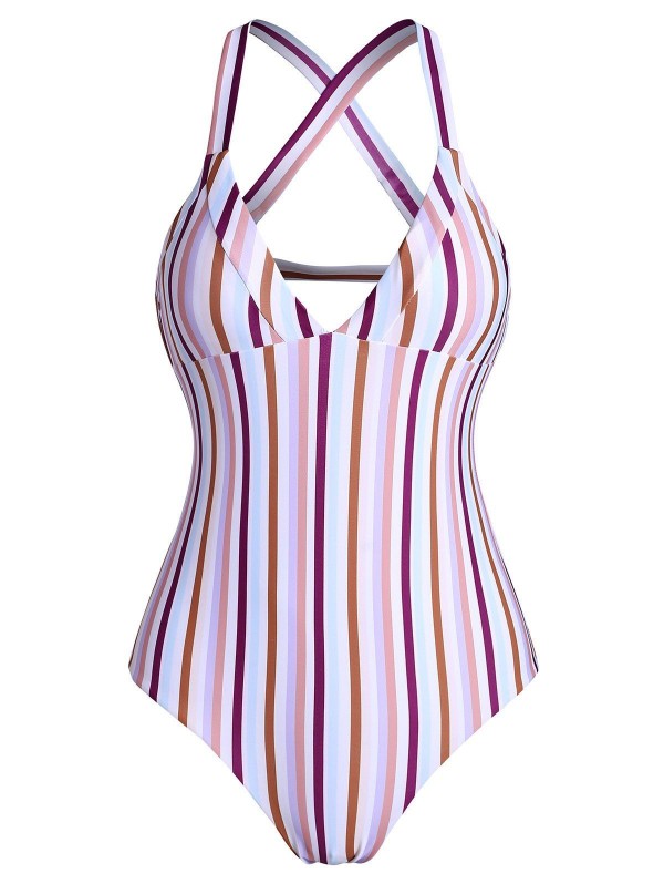 Colorful Striped Back Crisscross One-piece Swimsuit
