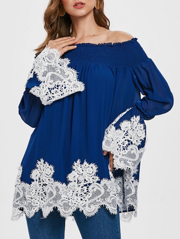 Contrast Lace Panel Off The Shoulder Blouse