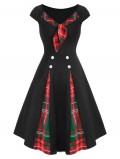 Contrast Plaid Godet Bowtie Vintage Dress