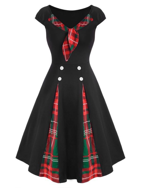 Contrast Plaid Godet Bowtie Vintage Dress