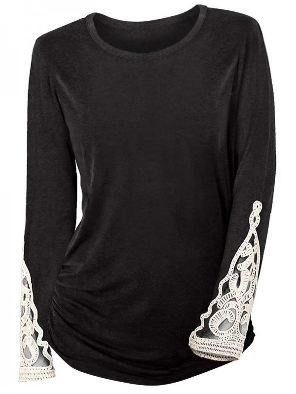 Crochet Lace Insert Ruched Sides Long Sleeve T Shirt
