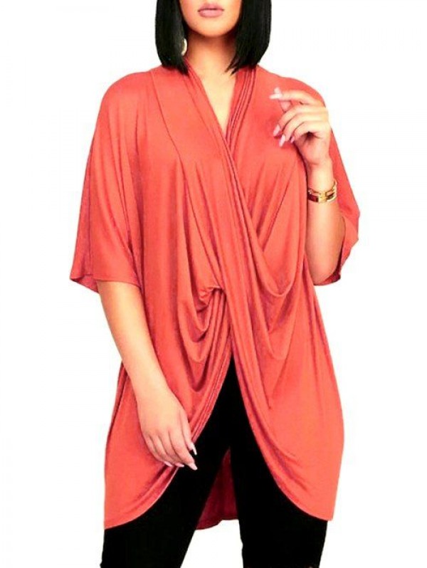 Cross Front Drape Batwing Sleeve V Neck T-shirt