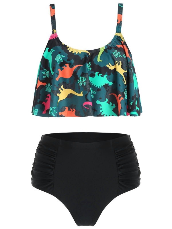 Dinosaur Print High Waist Ruched Bikini Set