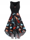 Dinosaur Print V Neck Sleeveless High Low Dress