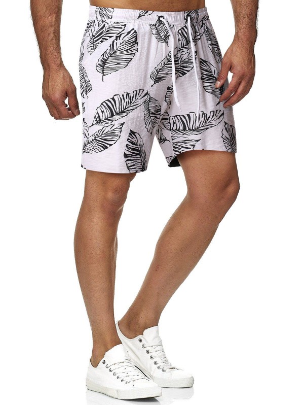 Drawstring Palm Leaf Print Beach Shorts
