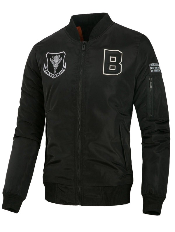 Embroidered Letter Applique Zip Up Padded Jacket