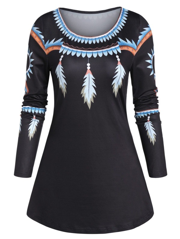 Feather Print Tunic Swing T Shirt
