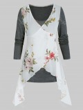 Floral Print 2 In 1 Layered Asymmetrical T Shirt