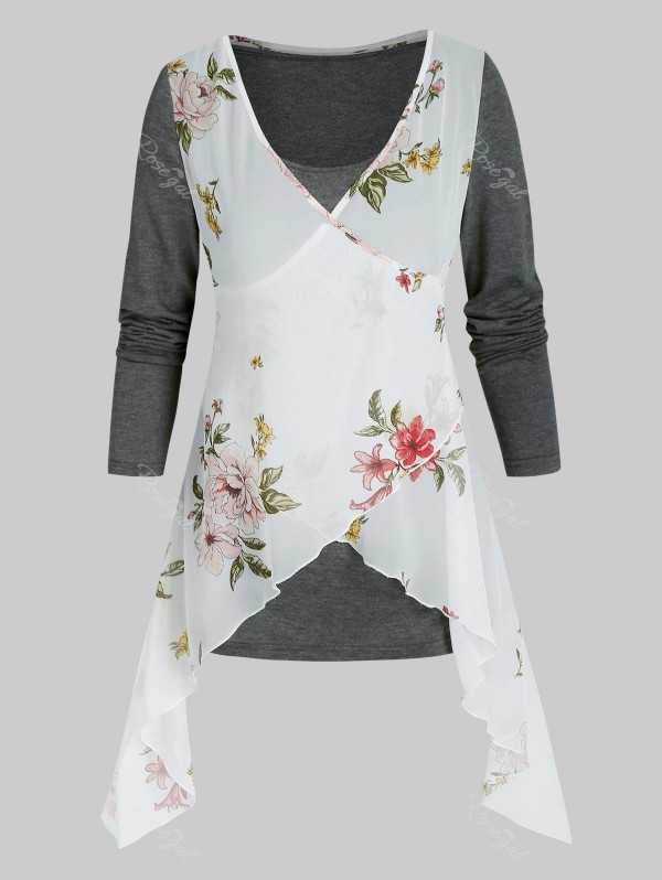 Floral Print 2 In 1 Layered Asymmetrical T Shirt