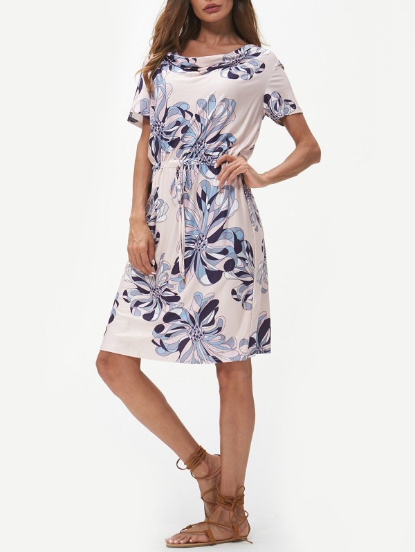 Floral Print Cowl Neck Drawstring Dress