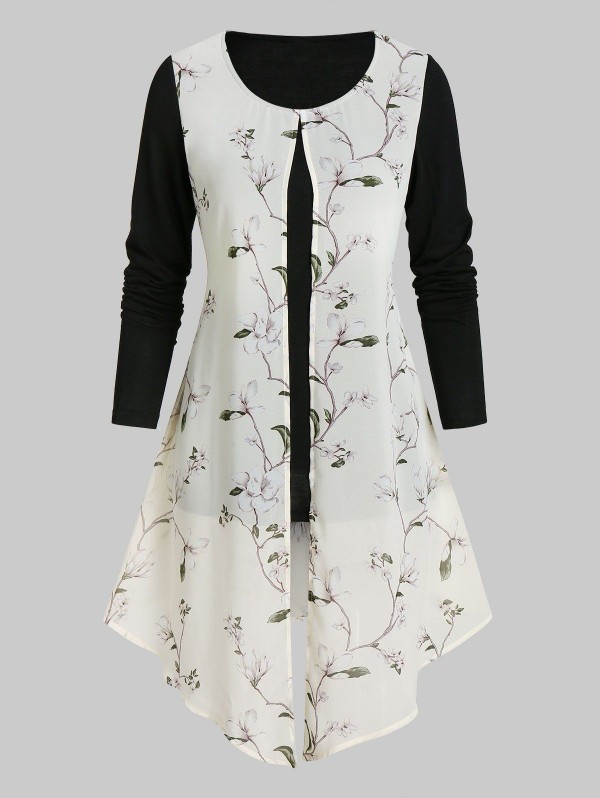 Floral Print Front Slit Overlay T Shirt