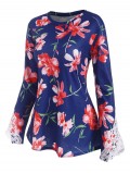 Floral Print Guipure Panel Long Sleeve T Shirt
