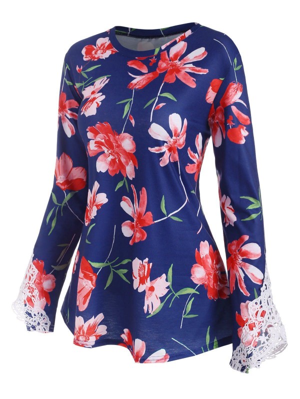 Floral Print Guipure Panel Long Sleeve T Shirt