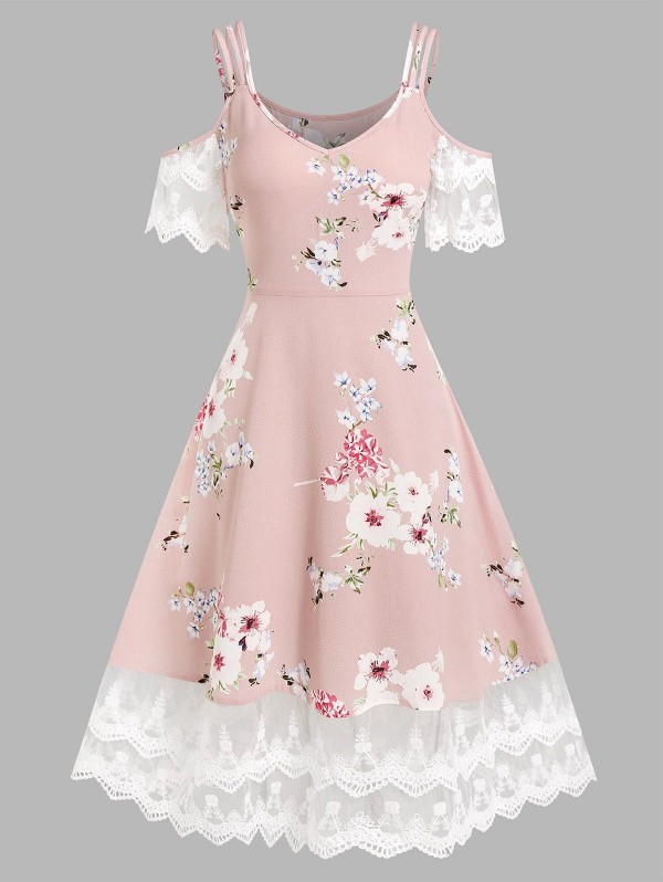 Floral Print Strappy Cold Shoulder Dress