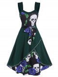 Floral Skull Print Belted Cami A Line Dress