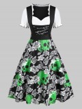 Floral Skull Print Sweetheart Neck Mini Dirndl Dress
