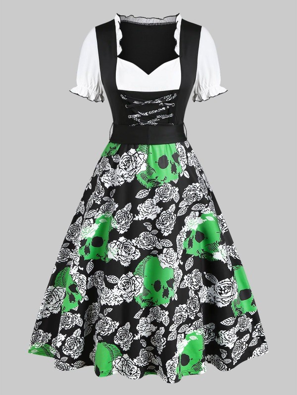 Floral Skull Print Sweetheart Neck Mini Dirndl Dress