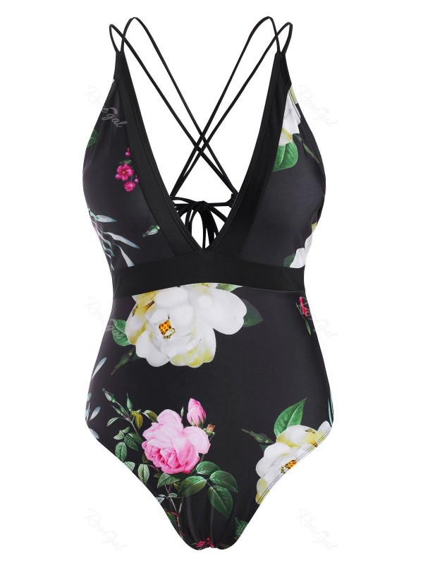 Floral Strappy Lace Up Criss Cross One-piece Swimsuit