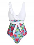 Floral Watermelon Lemon Print Ruffle Waist Tie One-piece Swimsuit