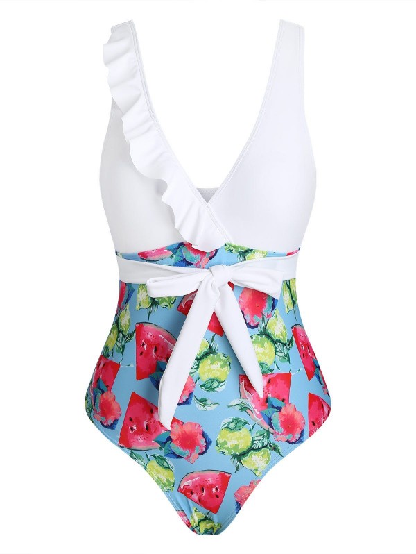 Floral Watermelon Lemon Print Ruffle Waist Tie One-piece Swimsuit
