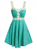 Flower Pattern Applique Pleated Dress