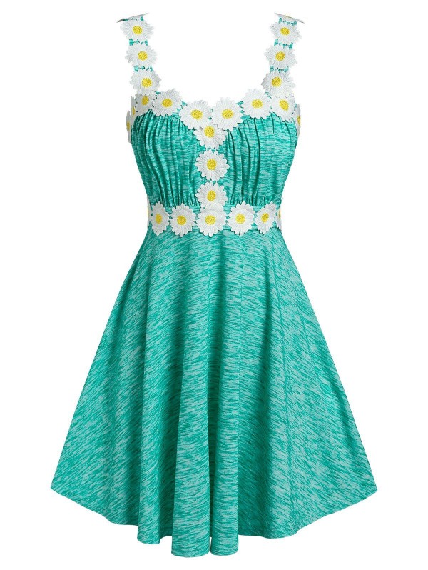 Flower Pattern Applique Pleated Dress