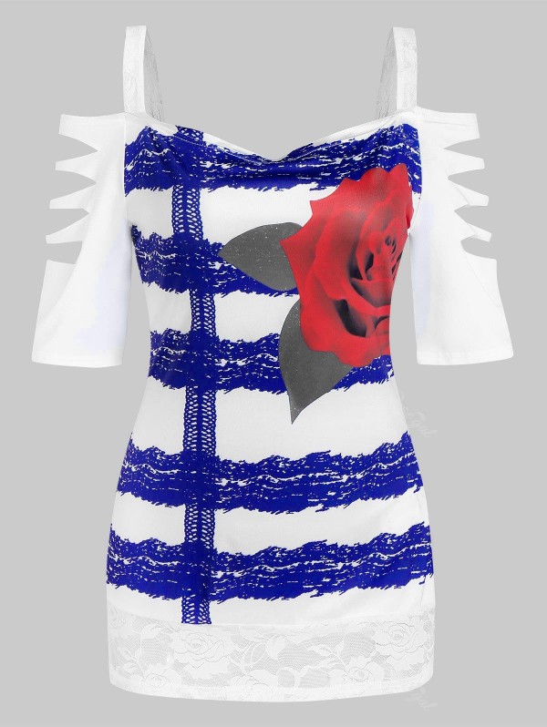 Flower Print Cold Shoulder Lace Insert Ripped T-shirt