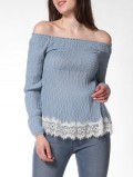 French Bazaar Lace Decorate Cold Shoulder Long Sleeve Top