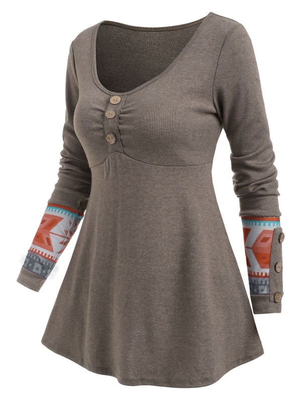 Geo Mock Button Long Sleeve T-shirt