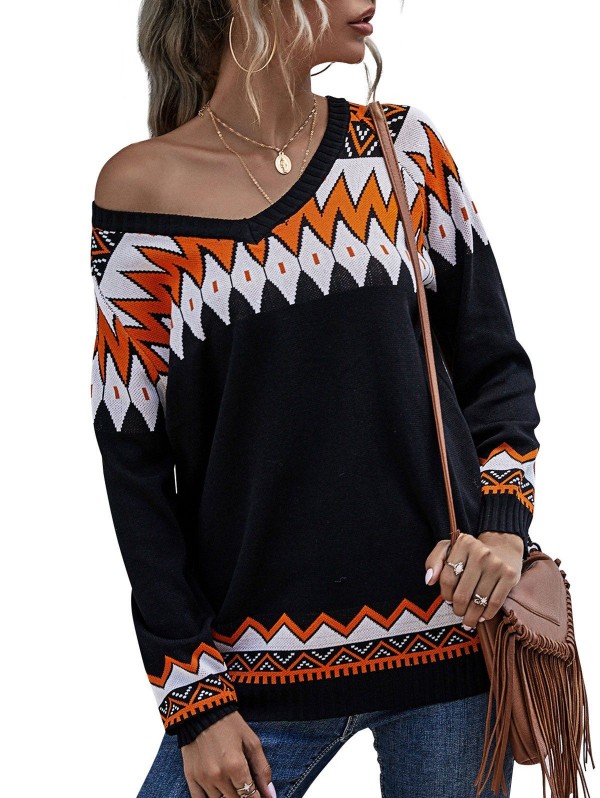 Geo Pattern Raglan Sleeve Sweater