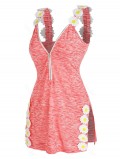 Half Zip Flower Embellished Side Slit Heathered Tank Top