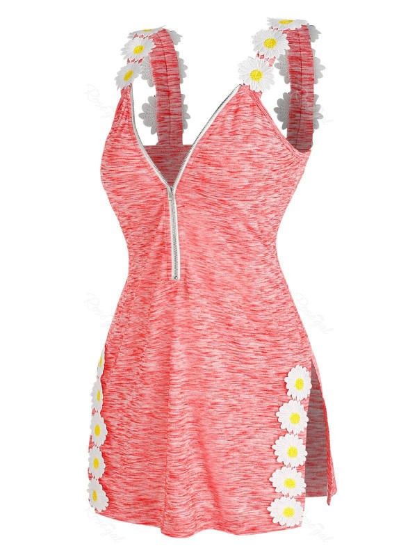 Half Zip Flower Embellished Side Slit Heathered Tank Top