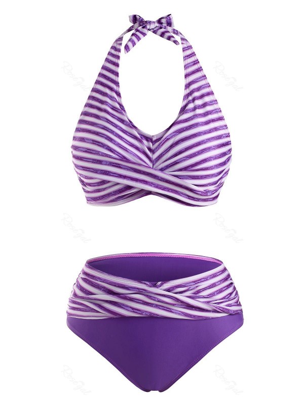 Halter Striped Foldover Bikini Swimwear