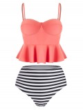High Waisted Striped Peplum Tankini Set