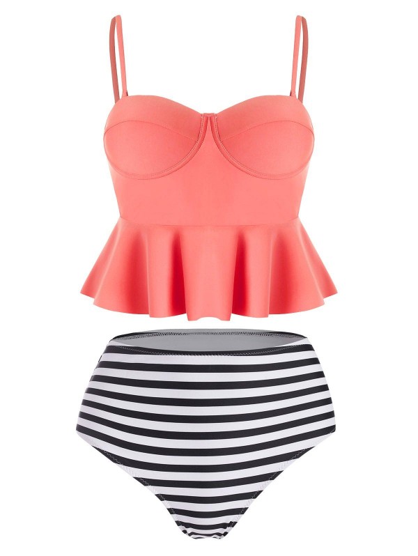 High Waisted Striped Peplum Tankini Set