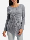 Lace Insert Crochet Asymmetrical Long Sleeve T Shirt