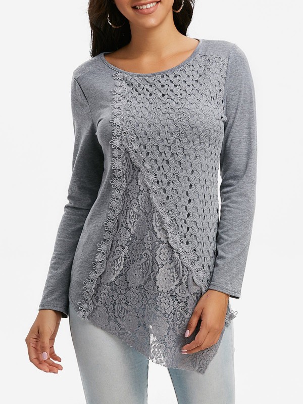 Lace Insert Crochet Asymmetrical Long Sleeve T Shirt