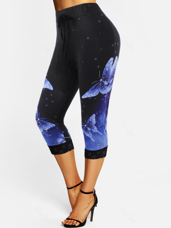 Lace Panel Butterfly Print Galaxy Bowknot Crop Leggings
