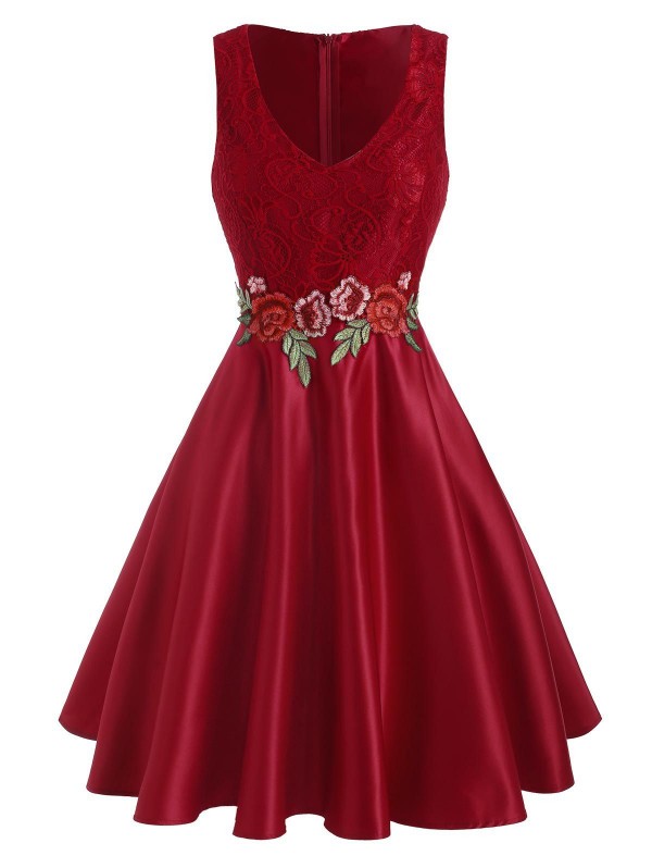 Lace Panel Floral Embroidered Applique Party Dress